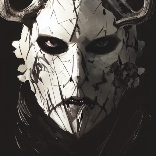 Image similar to portrait of a character wearing a black cloak, with a white mask in the shape of a deer skull, the mask covers her entire face, dramatic lighting, illustration by Greg rutkowski, yoji shinkawa, 4k, digital art, concept art, trending on artstation