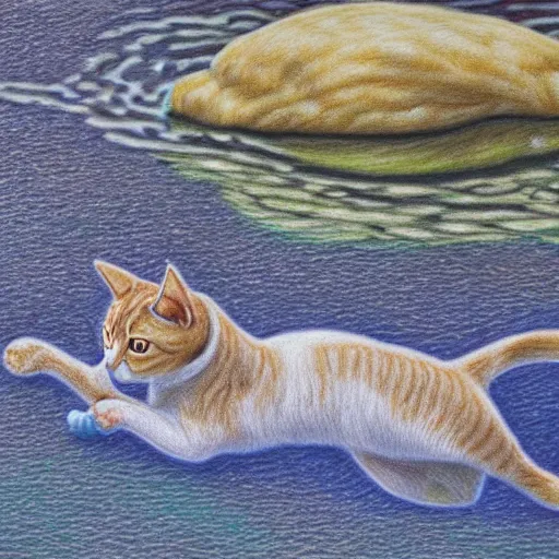 Prompt: Colored pencil art on paper, Cat swimming in the river, highly detailed, artstation, MasterPiece, Award-Winning, Caran d'Ache Luminance