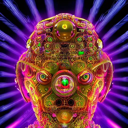 Image similar to hyperdetailed portrait of a psychedelic steampunk robot head, covered in colorful glowing holy geometry lotus flowers and tubes, eyes shoot multicolored laserbeams, 8 k, symetrical, halluzinogenic, meditative, black background