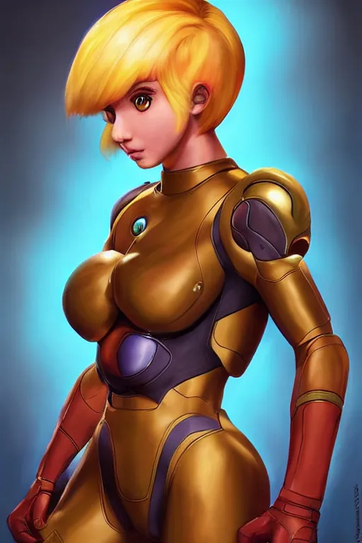 Image similar to Ariana Grande cosplaying as Samus Aran, golden hour, by greg Rutkowksi, by artgerm