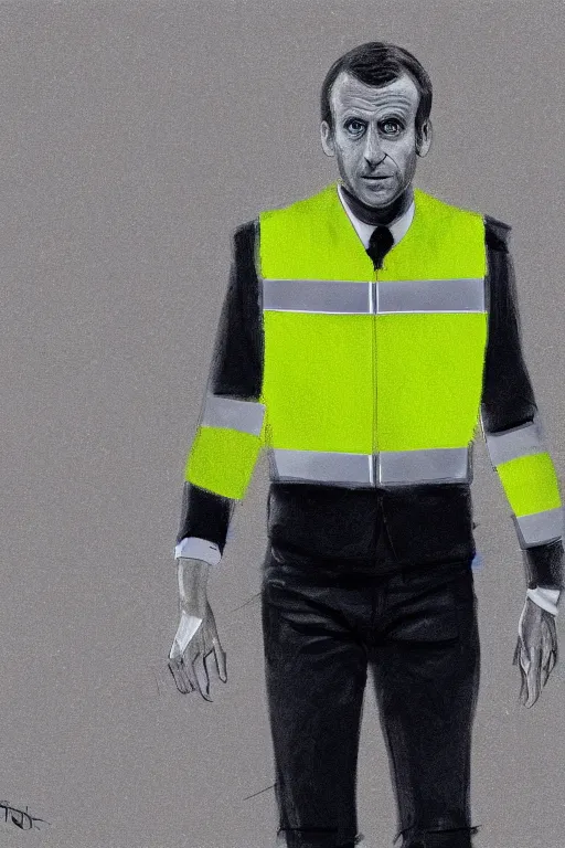 Image similar to emmanuel macron wearing a hivis police coat, highly detailed, digital art, sharp focus, trending on art station