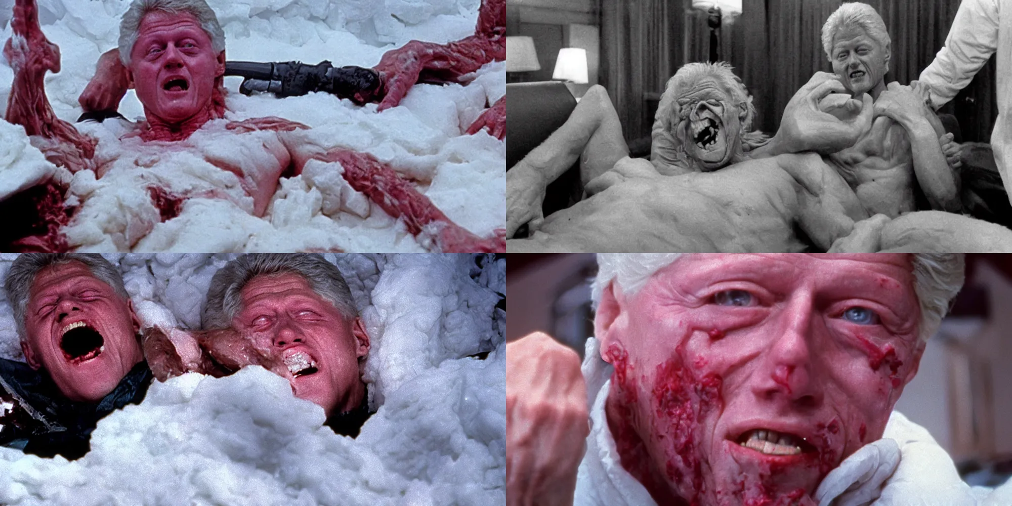 Prompt: bill clinton body horror in the thing ( 1 9 8 2 ) directed by john carpenter, limb mutations, swollen veins, red flesh strings, antarctica, snow, flamethrower, napalm, cinestill 8 0 0 t, 1 9 8 0 s movie still, film grain