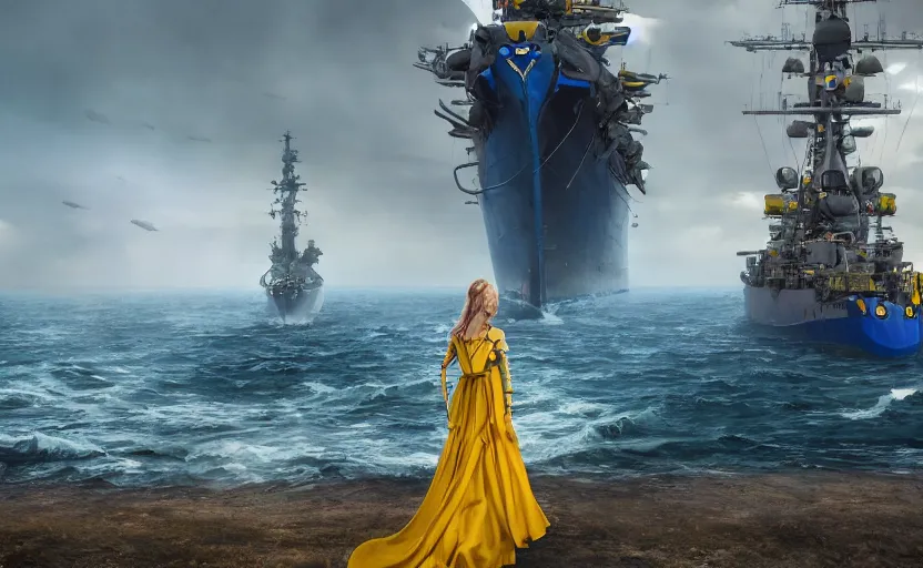 Image similar to cinematic shot from behind of a beautiful girl in national blue and yellow dress with beautiful hair standing against and facing a huge realistic detailed Russian warship on the horizon. She is ready to fight. Ukrainian flag on the left side, concept art, сinematic lighting, insanely detailed, smooth, sharp focus, Artstation, 8k, unreal engine, hyper realistic, steampunk style, bright background, moonlight, volumetric lighting, wallpaper, digital illustration by Ruan Jia and Mandy Jurgens and Artgerm and Wayne Barlowe and Greg Rutkowski and Zdislav Beksinski