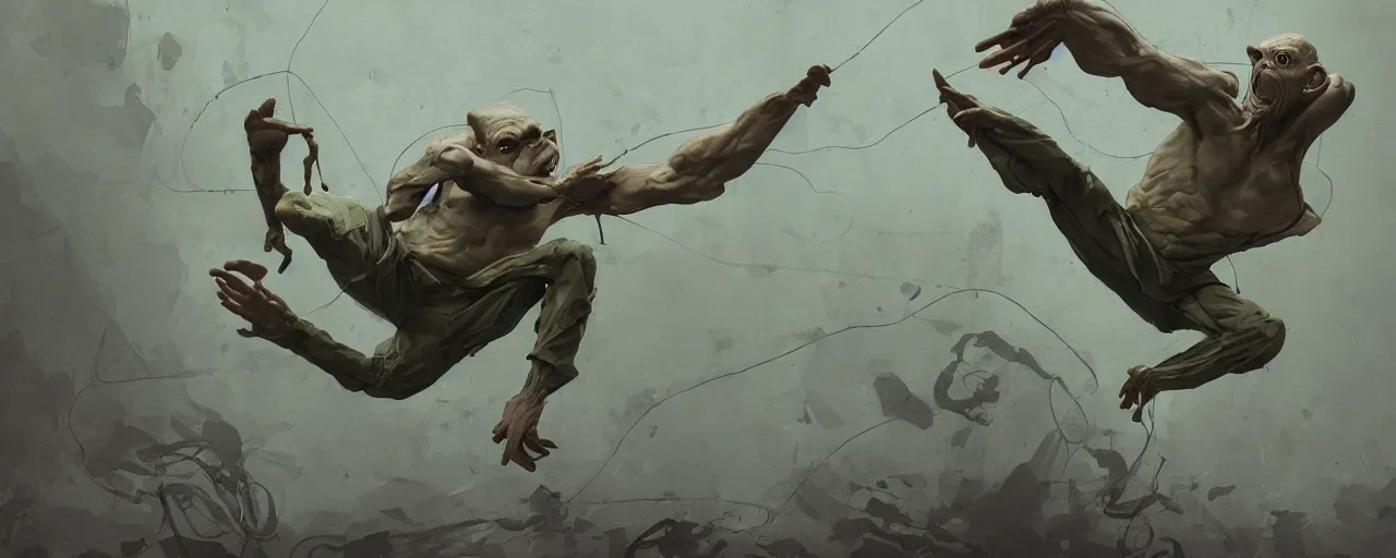 Image similar to duotone olive green grey illustration 3 / 4 portrait of gollum doing kung fu moves. dynamic chaotic composition accidental renaissance golden ratio. by sachin teng and sergey kolesov and ruan jia and heng z. graffiti art, scifi, fantasy, hyper detailed. octane render. concept art. trending on artstation