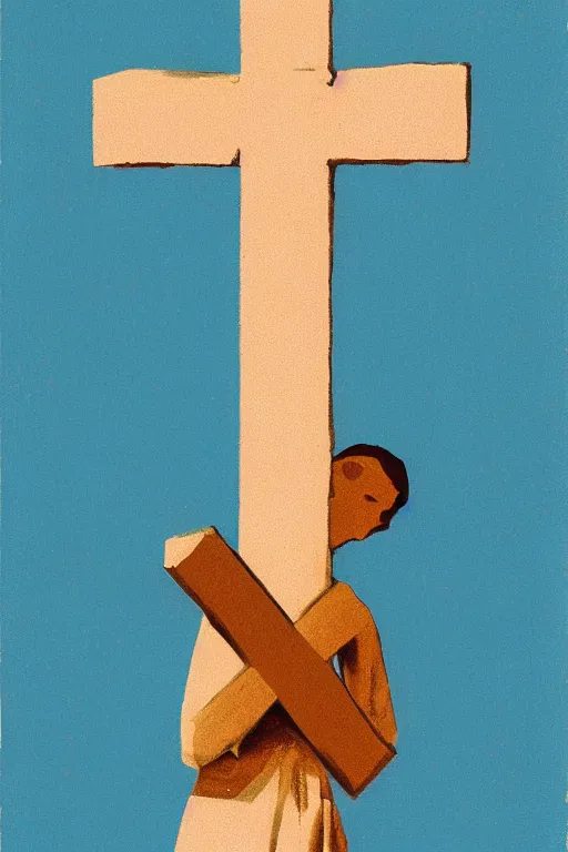 Image similar to man kneeling at the base of a wooden cross, 1960’s minimalist advertising illustration, painterly