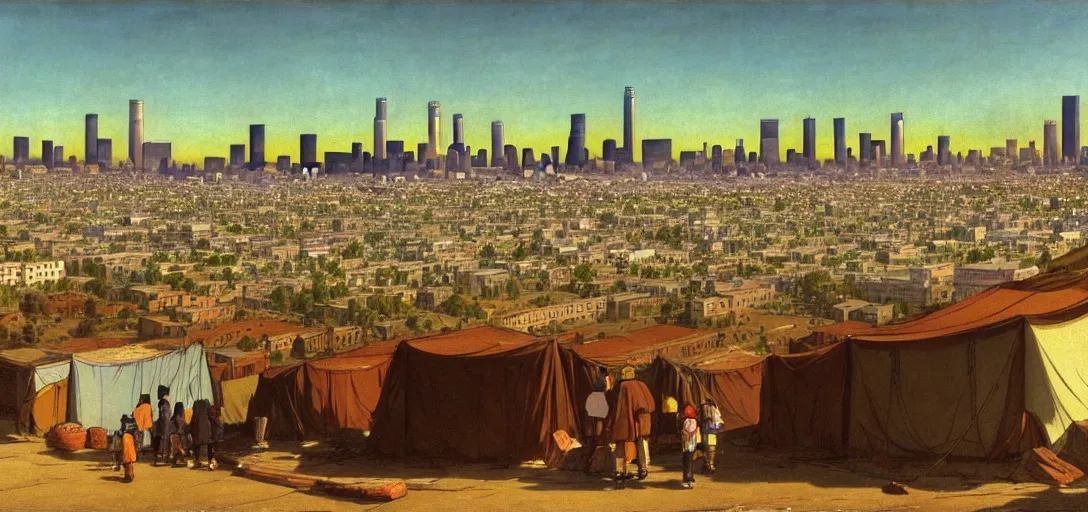 Image similar to ghibli illustrated background of strikingly beautiful skid row, los angeles, california, with strange city skyline is seen in the distance, tents, streets by vasily polenov, eugene von guerard, ivan shishkin, albert edelfelt, john singer sargent, albert bierstadt 4 k