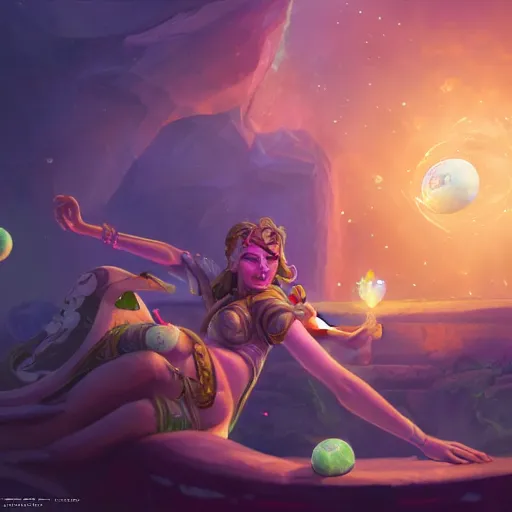 Prompt: a player goddess rolling the earth on her finger, floating in space, highly detailed, digital painting, artstation, octane render, concept art, matte, sharp focus, hearthstone, illustration