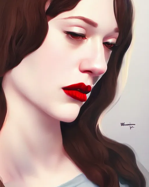 Prompt: kat dennings christina hendricks jennifer tilly, in wooly sweater, belt, plump lips, big eyes, by wlop and ilya kuvshinov and artgerm, gorgeous, stunning, alluring, artstation, deviantart, digital art