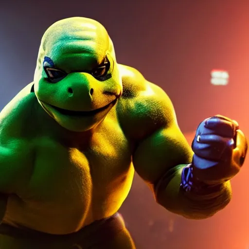 Image similar to A movie still of Mike Tyson as a Teenage Mutant Ninja Turtle, dynamic lighting, 8k, Action shot, 2022 picture of the year