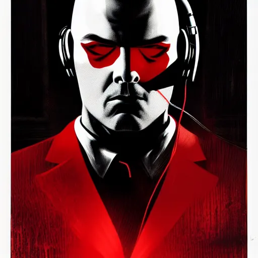 Prompt: agent 4 7 from hitman wearing headphones and listening to music in front of large stereo speakers surrounded by cables, black background, red rim light, highly detailed, smooth, sharp focus, art by cedric peyravernay