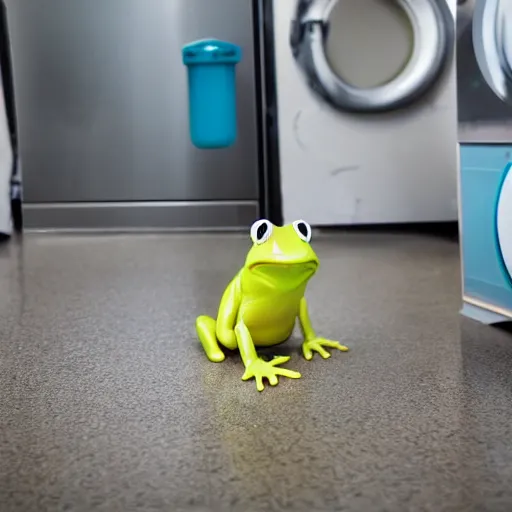 Image similar to plastic toy frog cleaning up the laundromat, pastel colors