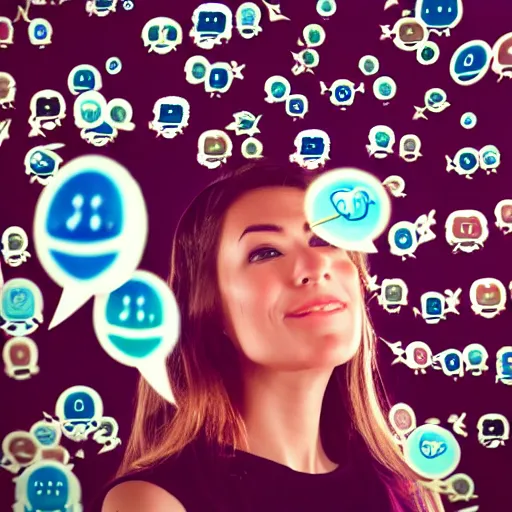 Image similar to a high definition picture of a female influencer taking a selfie with graphical emoticons floating in the air