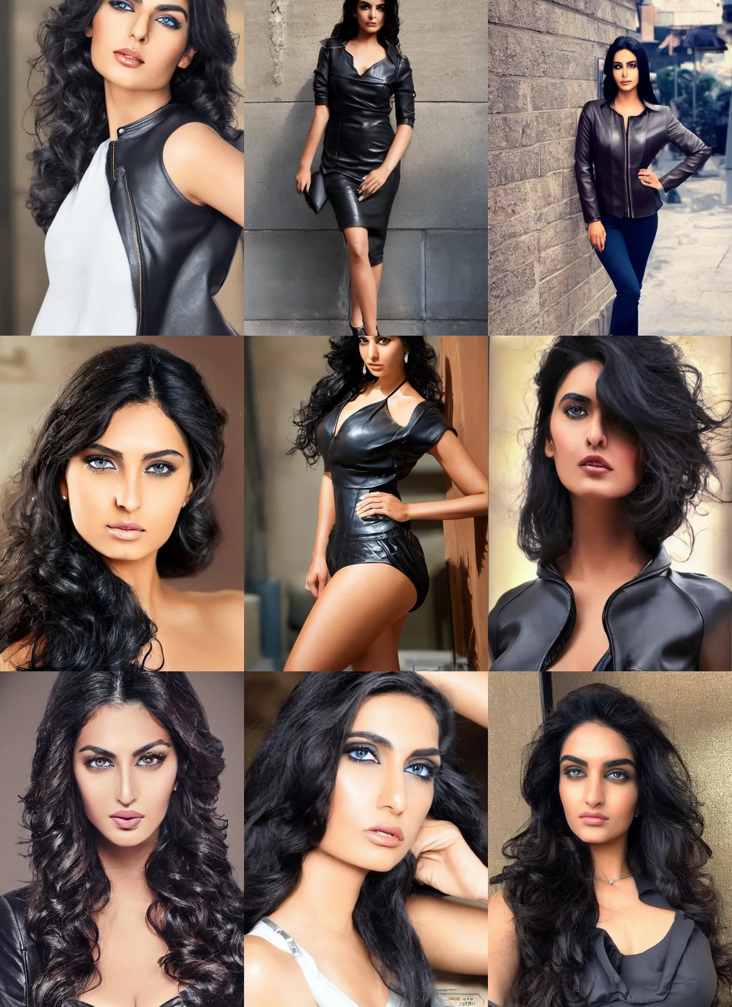 Prompt: tanned voluptuous ameera al taweel, blue eyes, wavy black hair, seductive, beautiful, serious, leather top, alluring, by ahmed aldoori