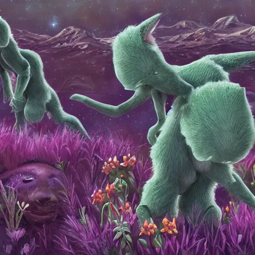 Image similar to cute furry alien creatures in field of unusual extraterrestrial plants detailed painting 4k