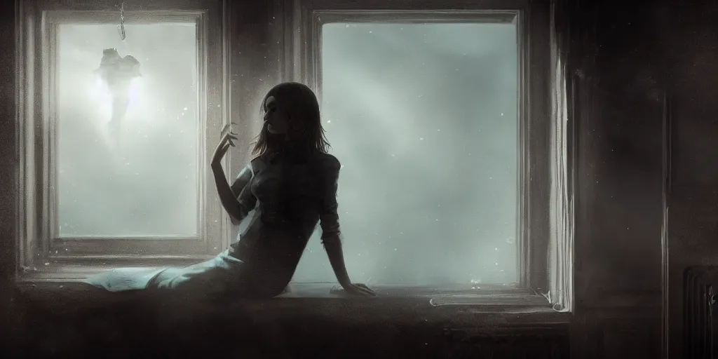 Prompt: the lovecraftian girl on a windowsill, dynamic volumetric lighting, dramatic lighting, cinematic, intricate, 8 k, 4 k