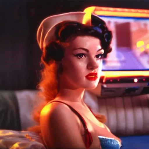 Image similar to a still of a pin up girl playing a videogame, in the movie A Clockwork Orange, cinematic lighting 4k, bokeh