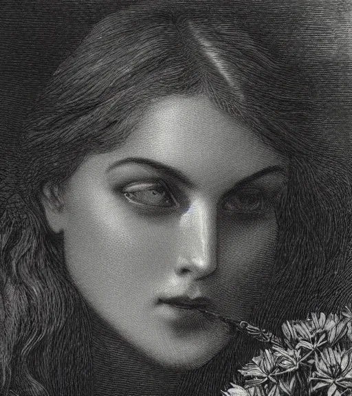 Image similar to black and white, extreme close-up, dark light, woman face in flowers, Gustave Dore lithography