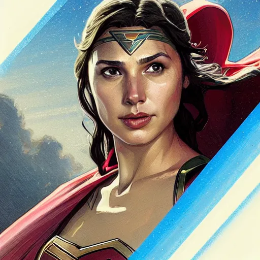 Prompt: Gal Gadot as Supergirl, intricate, highly detailed, digital painting, artstation, concept art, sharp focus, illustration, art by greg rutkowski and alphonse mucha