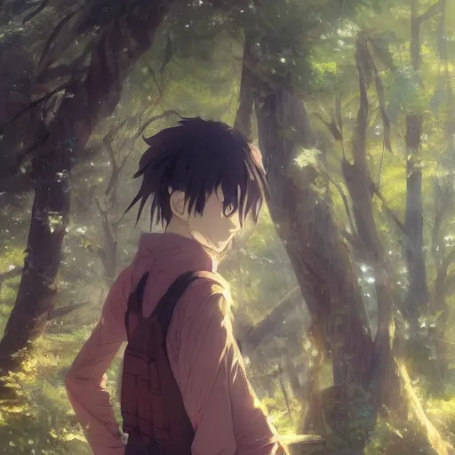 Image similar to anime character in the woods, hyperrealistic, trending on pixiv fanbox, painted by greg rutkowski makoto shinkai takashi takeuchi studio ghibli, akihiko yoshida