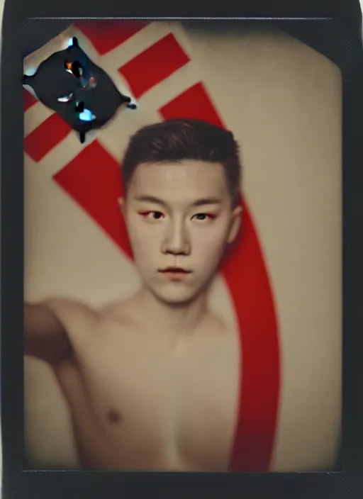 Image similar to polaroid by mucha, selfie, influencer, diaphanous, fashion, octoberfest, render, octane, detailed, award winning photography, masterpiece, of nicol cage playing poker. he is wrapped in the korean flag, dark backround, highly detailed, smooth, sharp focus, intricate,