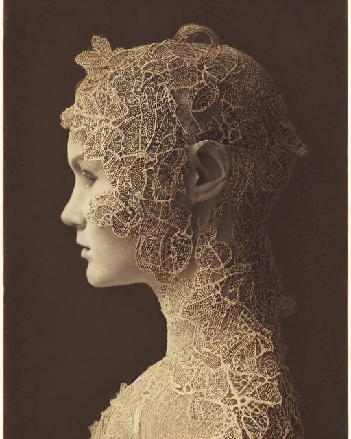 Image similar to a woman's face in profile, made of intricate decorative lace leaf skeleton, in the style of the dutch masters and gregory crewdson, dark and moody