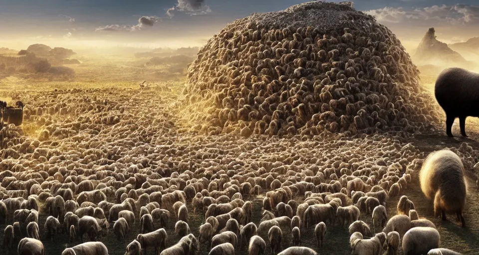 Prompt: The great migration of sheep on a huge shit collapsed in the form of an O'Neill cylinder in orbit of a capybara, rectilinear, barometric projection, dutch angle from space view, concept art, high detail, intimidating, deep rich colors, iridescent radiance, epic scale ultrawide angle, stunning, epic, cinematic, Artstation trending, octane render, hyperrealistic, Cryengine 8k UHD