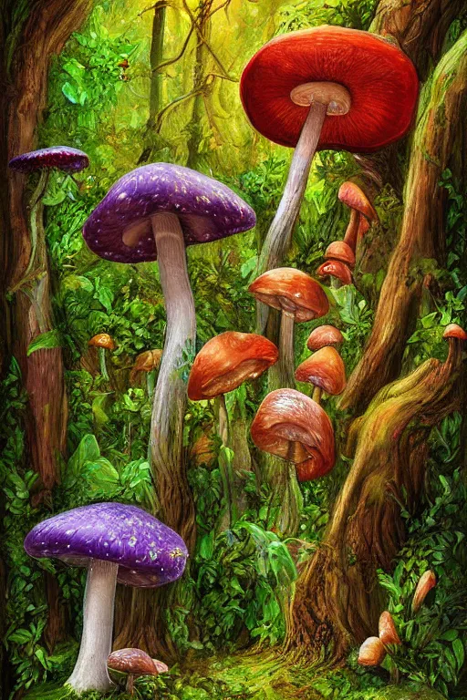 Prompt: digital painting detailed forest tree magical forest flowers mushrooms painted by Wayne Reynolds