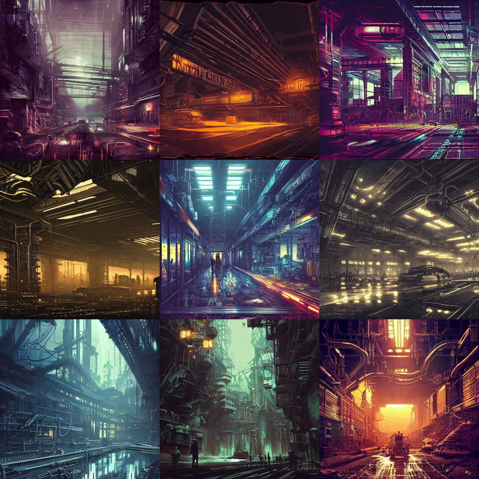 Prompt: A digital matte intricate illustration concept art of industrial environment inspired art and greebles + dark shadowy neon colors, symmetry , intricate complexity, epic composition, gritty atmosphere, highly detailed, cinematic lighting + masterpiece, trending on artstation + 8k