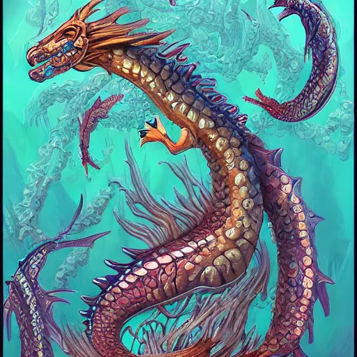 Prompt: underwater sea dragon, d & d style, trending on artstation, colorful, intricate, highly detailed art by ilse gort and yugin maffioli