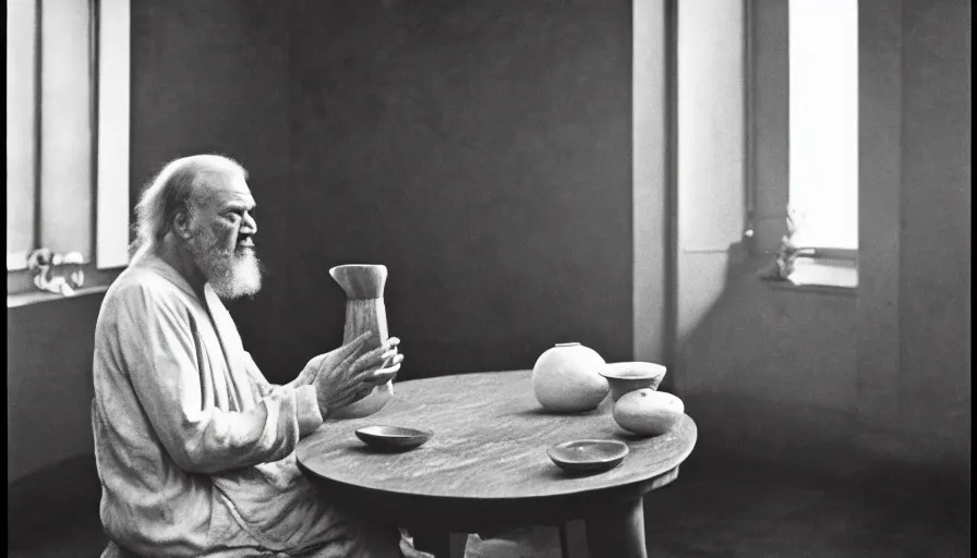 Prompt: 1 9 6 0 s movie still by tarkovsky of an elder socrates drinking a hemlock bowl in small classical room, cinestill 8 0 0 t 3 5 mm b & w, high quality, heavy grain, high detail, panoramic, ultra wide lens, cinematic composition, dramatic light, anamorphic, raphael style, piranesi style