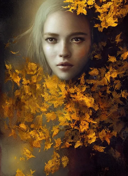 Image similar to golden leaves at frame border, creative!!! composition for a book cover, moon, beautiful portrait painting by jeremy mann, a female witch beautiful, ultrafine hyperrealistic detailed face by wlop and artgerm and greg rutkowski, intricate linework, sharp focus, smooth, octopath traveler, final fantasy, unreal engine, dramatic lighting, ethereal, 8 k