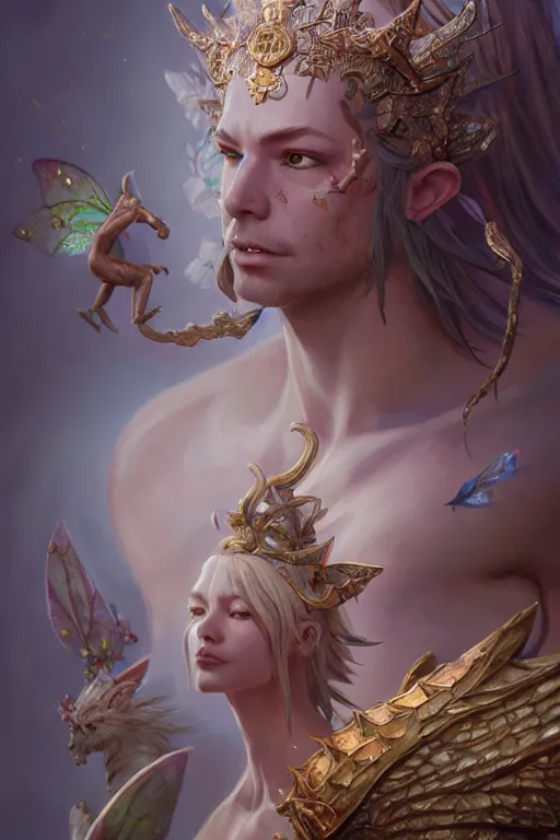 Image similar to fairy king, highly detailed, d & d, fantasy, highly detailed, digital painting, trending on artstation, concept art, sharp focus, illustration, global illumination, ray tracing, realistic shaded, art by artgerm and greg rutkowski and fuji choko and viktoria gavrilenko and hoang lap,