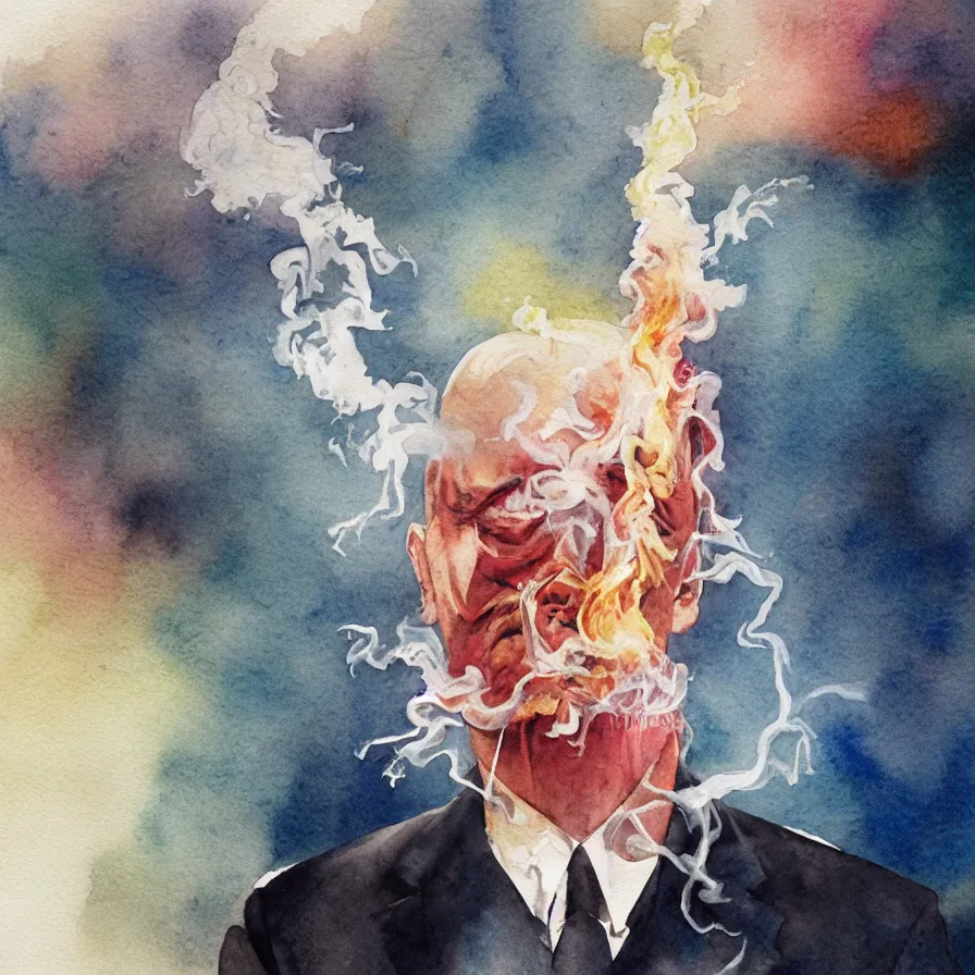Prompt: watercolour artwork about a man's head bursting into imaginary white smoke.