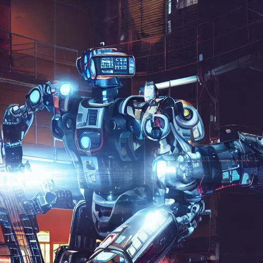 Prompt: a closeup shot of a robot being repaired in warehouse,cyberpunk,2077,big mecha,gundam,realistic,8k