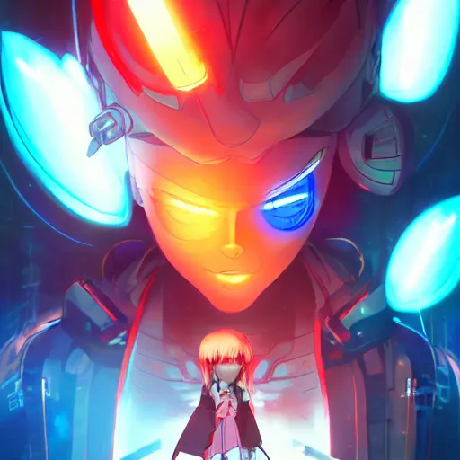 Prompt: anime cyberpunk movie still arcane, small female android cyborg - angel, glowing red left eye and glowing blue right eye, cinematic lighting, advanced digital cyberpunk art in the style of pokemon, wlop, rossdraws sakimimichan, ilya kuvshinov, krenz cushart, greg rutkowski - c 1 5