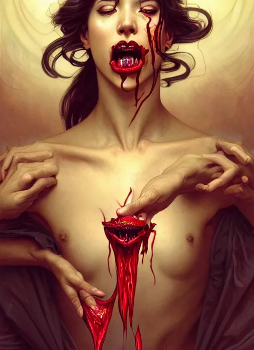 Image similar to incubus sticking out tongue with blood, realistic, surealism, lavish, steep, aesthetic, extravagant, shiny, fantasy, intricate, elegant, extremely higly detailed, digital painting, artstation, ornate, grotesque, baroque, concept art, by artgerm and greg rutkowski and alphonse mucha, joongwon charles jeong and diego fazio