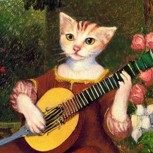 Prompt: cat with lute, sitting in the rose garden, medieval portrait, impressionism, close up