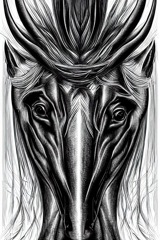 Image similar to evil horse, symmetrical, highly detailed, digital art, sharp focus, trending on art station, kentaro miura manga art style