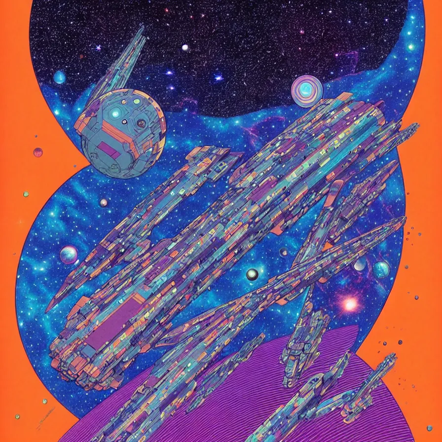 Image similar to ( ( ( ( the dimensional gap at the end of the galaxy and space ship ) ) ) ) by mœbius!!!!!!!!!!!!!!!!!!!!!!!!!!!, overdetailed art, colorful, artistic record jacket design