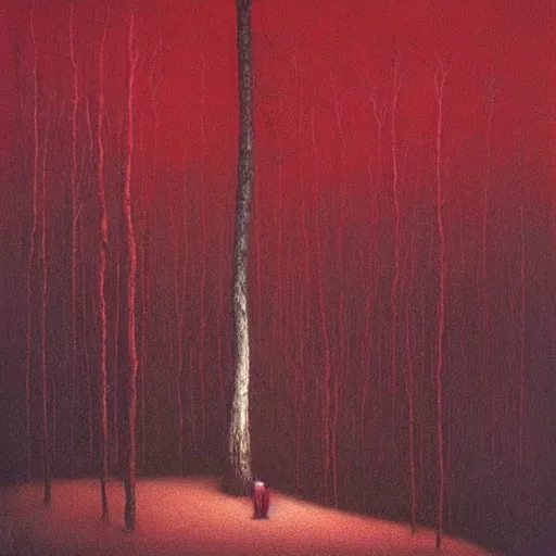 Image similar to “ tall figure in the woods, beksinski, dark, scary, red ”