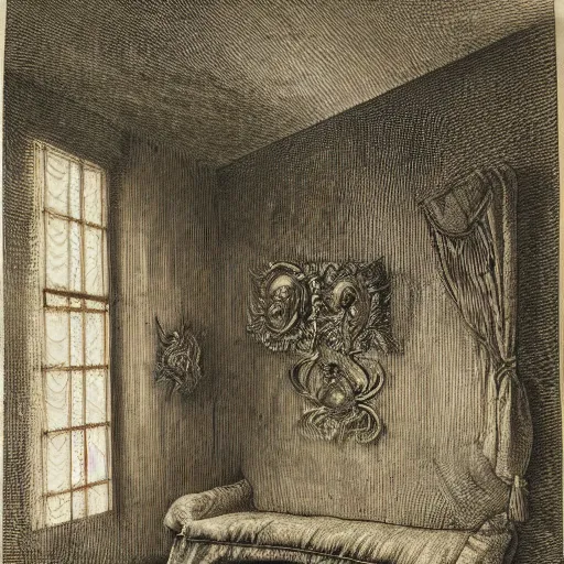 Image similar to a hybrid between a couch and a house,, insanely detailed, studio light, gustav dore, colored pencil