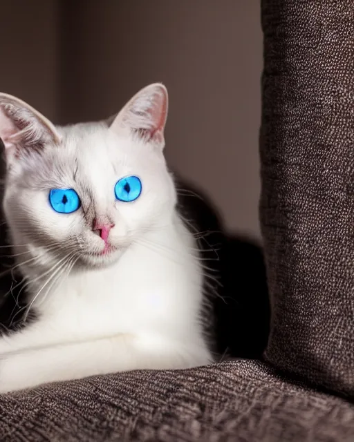 Prompt: closeup blue eyed cat licking himself on a bed at twilight dslr photo