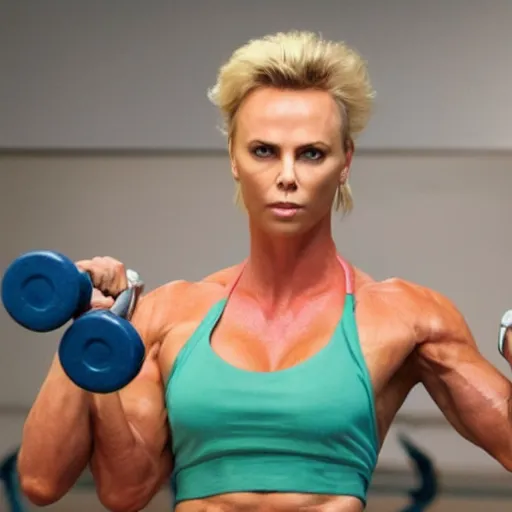 Prompt: first photos of 2 0 2 4 female pumping iron remake - muscular charlize theron as arnold, put on 1 0 0 pounds of muscle, looks different, steroids, hgh, ( eos 5 ds r, iso 1 0 0, f / 8, 1 / 1 2 5, 8 4 mm, postprocessed, crisp face, facial features )