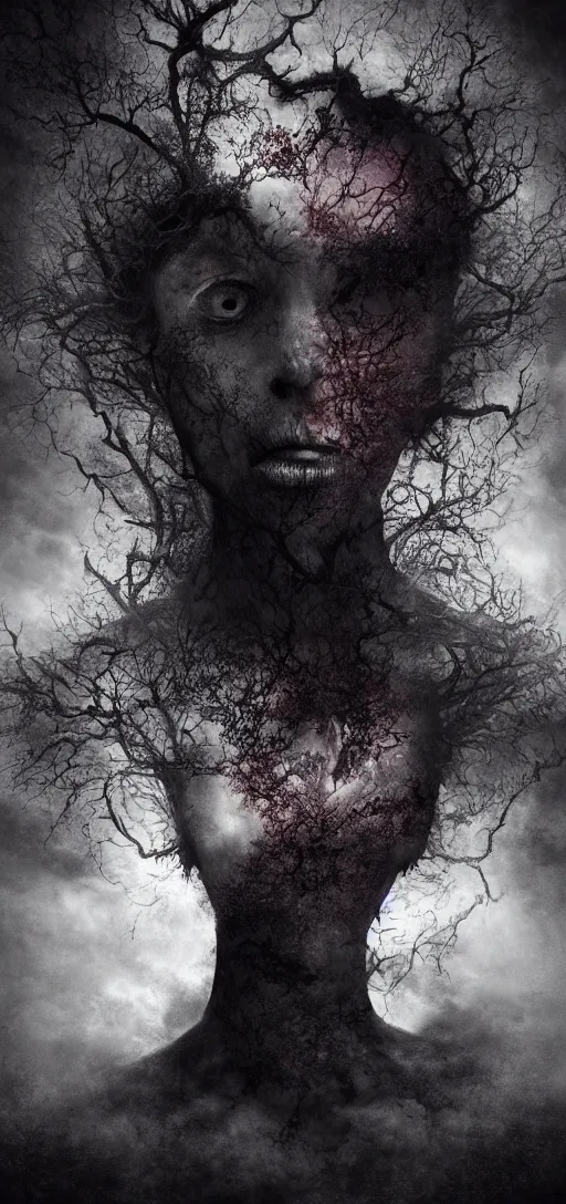 Image similar to dramatic matte portrait painting of woman with black mandelbrot fractal instead of face, horror, body horror, dark art, 4 k, detailed, realistic, psychotic, insane, crazy, mental illness, dramatic,