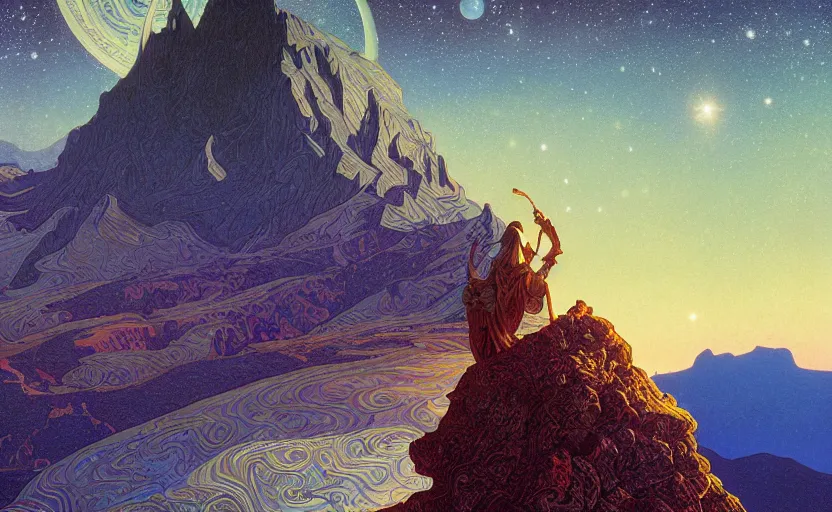 Image similar to mountains, stars and paisley filled sky, artstation, intricate, highly detailed, digital painting, concept art, sharp focus, illustration by Michael Whelan and Alphonse Mucha
