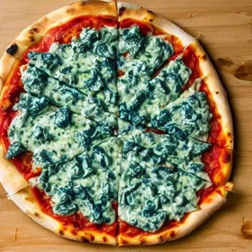 Image similar to a pizza with blue sauce and green cheese