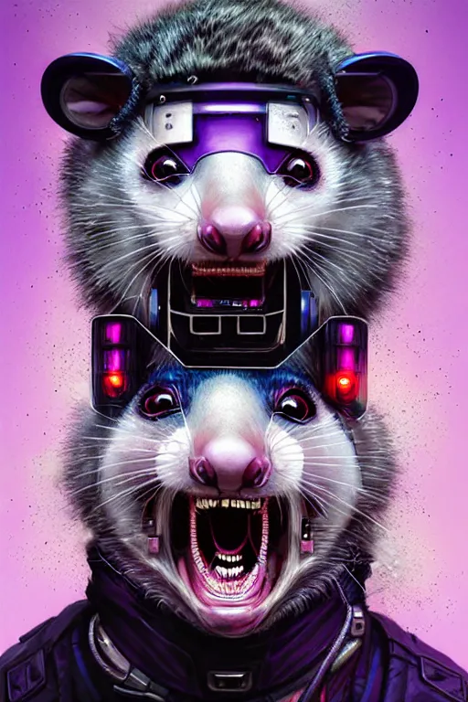 Image similar to a beautiful portrait of a cute cyberpunk opossum screaming by sandra chevrier and greg rutkowski and wlop, purple blue color scheme, high key lighting, volumetric light, digital art, highly detailed, fine detail, intricate, ornate, complex, octane render, unreal engine, photorealistic