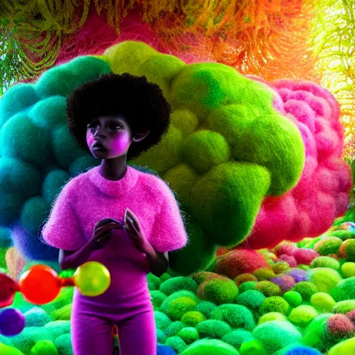 Image similar to a black girl with big beautiful eyes and a colorful afro playing with bubbles in the candy forest, bright colors, synthwave, watercolor, volumetric wool felting, felt, macro photography, children illustration, global illumination, radiant light, detailed and intricate environment, by goro fujita, bokeh!!!!