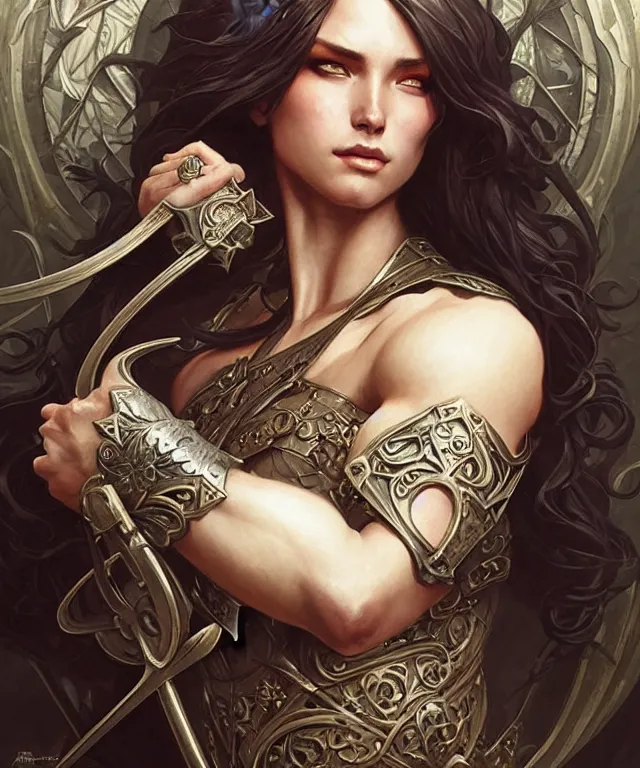 Image similar to Muscular and powerful medieval knight portrait, art nouveau, fantasy, intricate flower designs, elegant, highly detailed, sharp focus, art by Artgerm and Greg Rutkowski