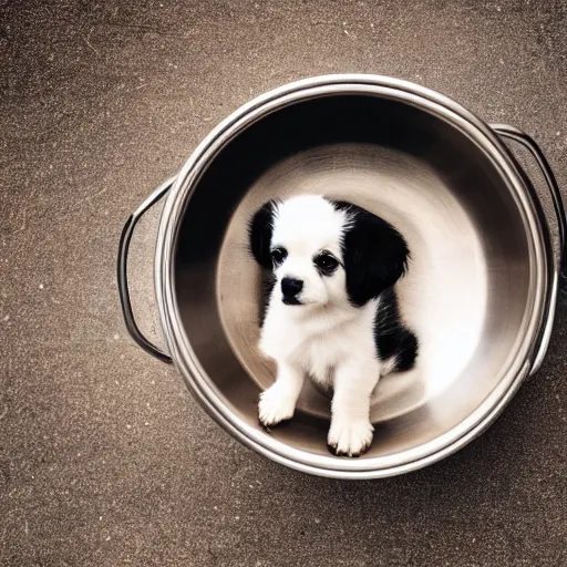 Prompt: puppy sitting in a small metal saucepan, photography, minimalistic, 8 k